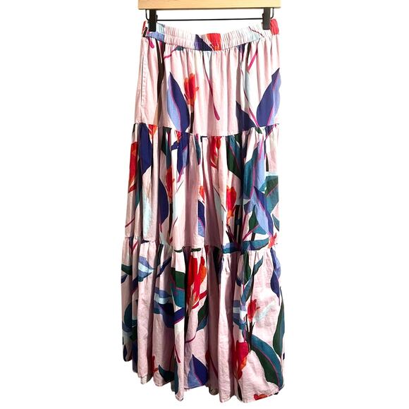 Oliphant Tiered Maxi Skirt Abstract Floral on Pink Elastic Band Waist sz. M - Picture 1 of 6